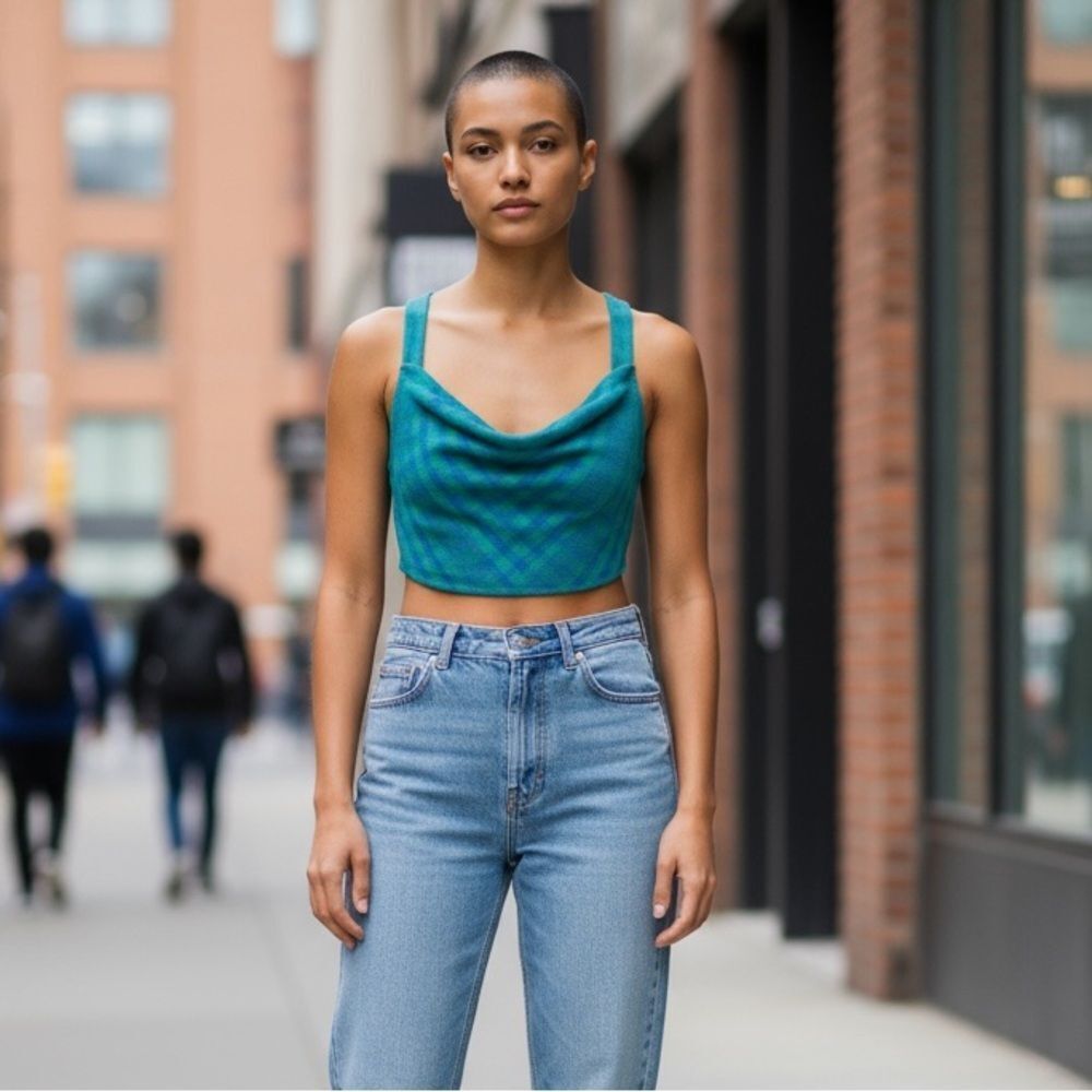 Lovers and Friends Women's Checkered Crop Top Sea Green Blue Size S - Picture 1 of 8
